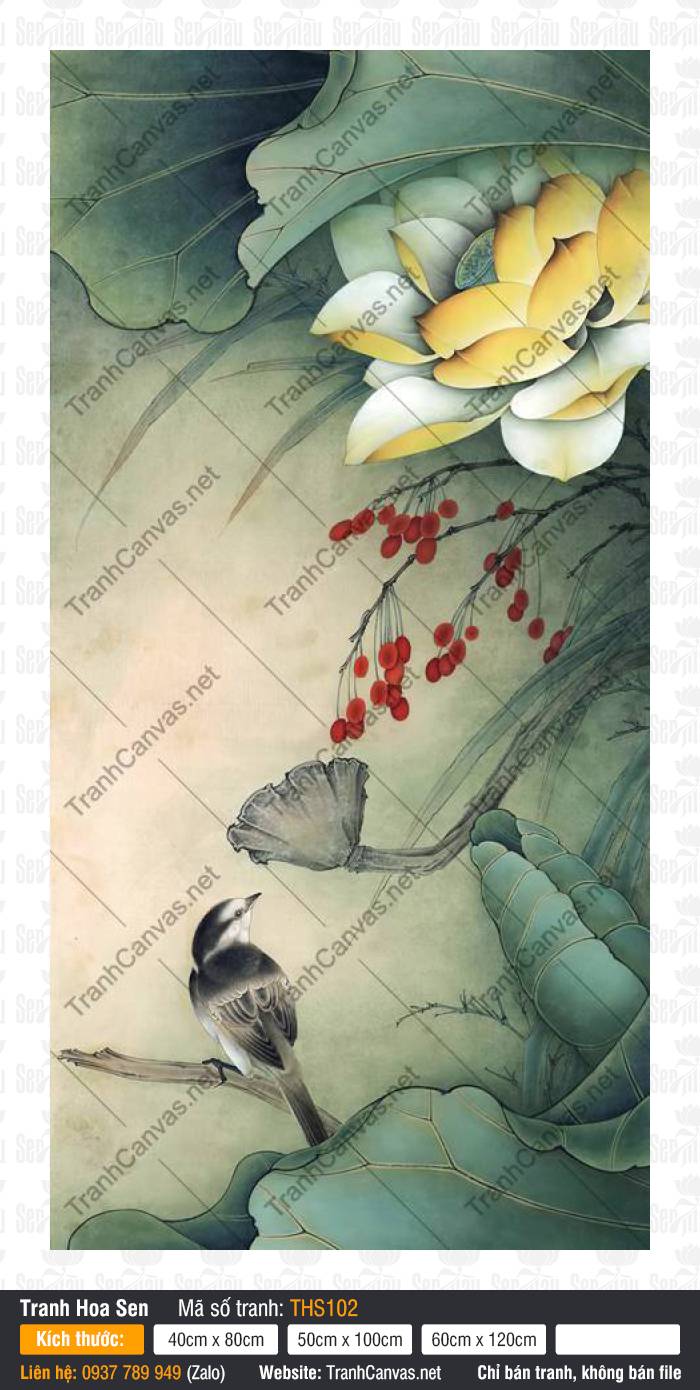 Hình Hoa Sen Vàng THS102, Tranh Hoa Sen Phong Thủy, Tranh Hoa Sen, In Tranh Canvas Khổ Lớn